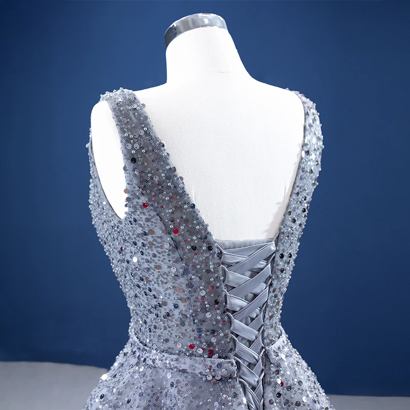 J67288 JANCEMBER Silver Gray V-neck Evening Dress Banquet Wedding Activity Frill Shiny Backless Gown robes de soirée