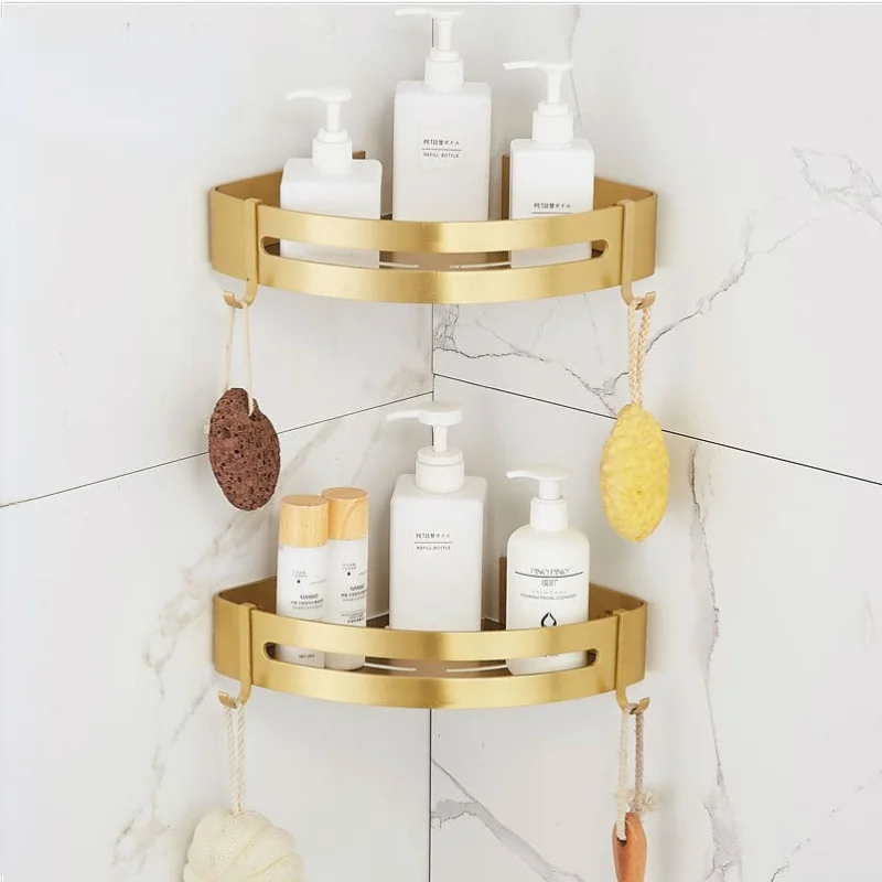 

Угловая полка, настенная полка для ванной комнаты, алюминиевая Роскошная матовая Золотая сетчатая корзина, бытовые предметы, органайзер дл...