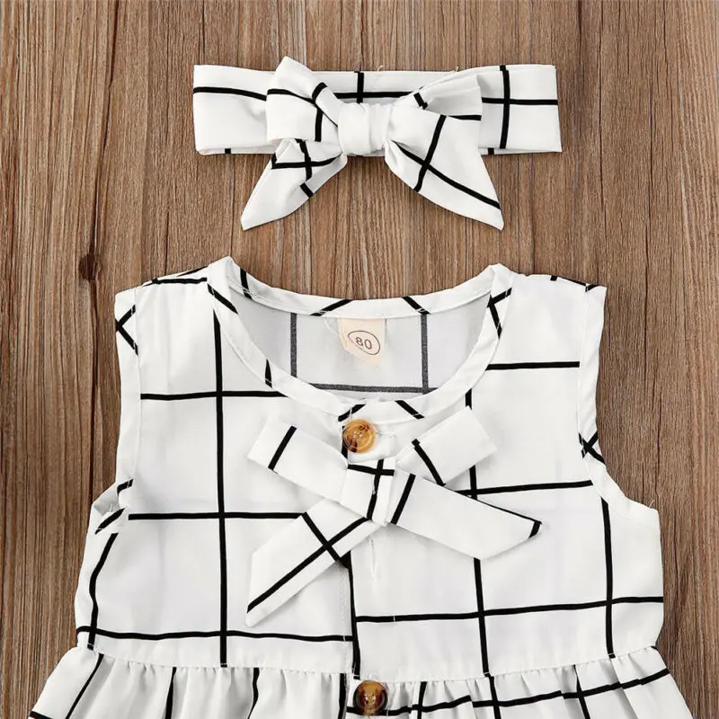 Летнее платье для маленьких девочек + повязка на голову без рукавов в клетку с