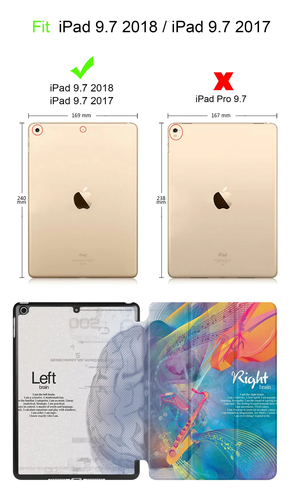 MTT для ipad 9,7 дюймов Чехол A1822 A1823 левый и правый мозги окрашенный из искусственной кожи чехол-подставка для нового ipad 9,7 '' A1893 A1954