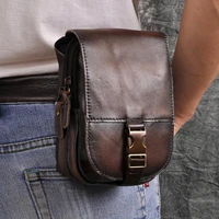 real leather cowhide retro men design casual daily use small fanny waist belt bag hook pack fashion 6 phone case pouch 6185 dc