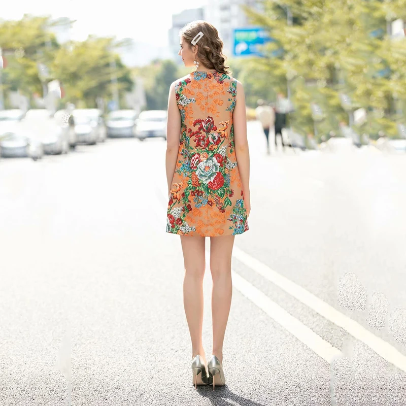

SEQINYY Vintage Dress 2020 Summer Spring New Fashion Design Women Sleeveless Beading Flowers Orange Vest Dress Mini