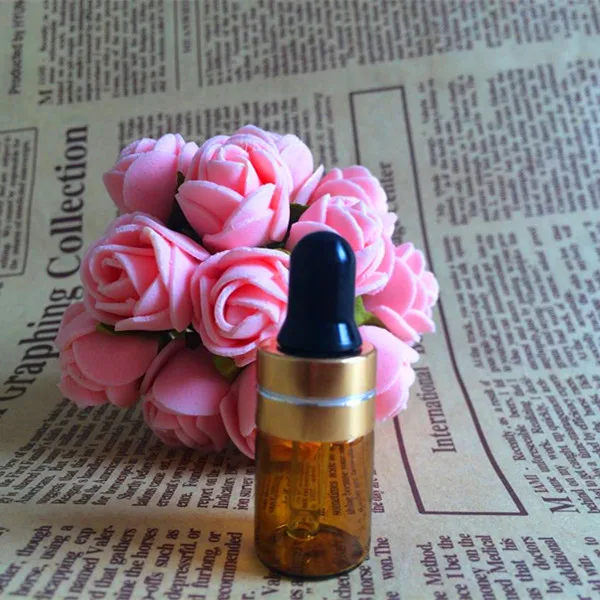 

100 шт 2 мл янтарная бутылка эфирного масла 2CC пустые стеклянные бутылки с черной резиновой небольшой пробиркой Золотая крышка воротника Бесп...