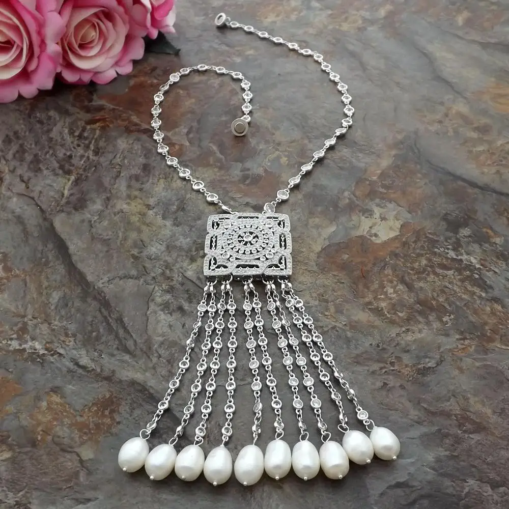 Цепочка с кулоном ожерелье кубическим цирконием Пресноводный Жемчуг белого риса
