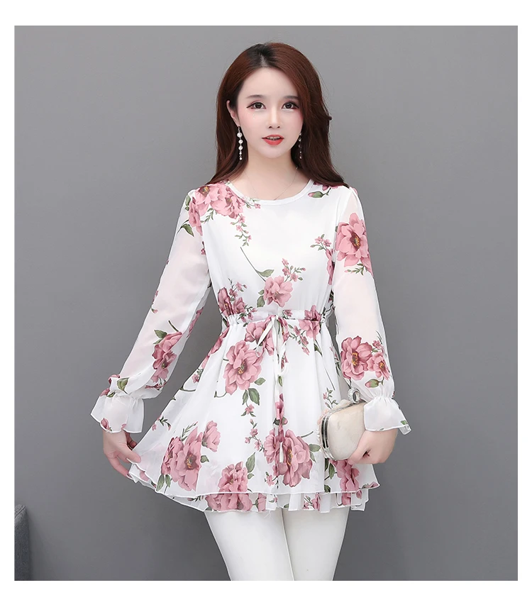 Шифоновые блузки, рубашки 5XL 4XL размера плюс, женская одежда для офиса, для женщин, для работы, тонкая талия, живот, цветочный принт, туника, топ, блузка 6985 50