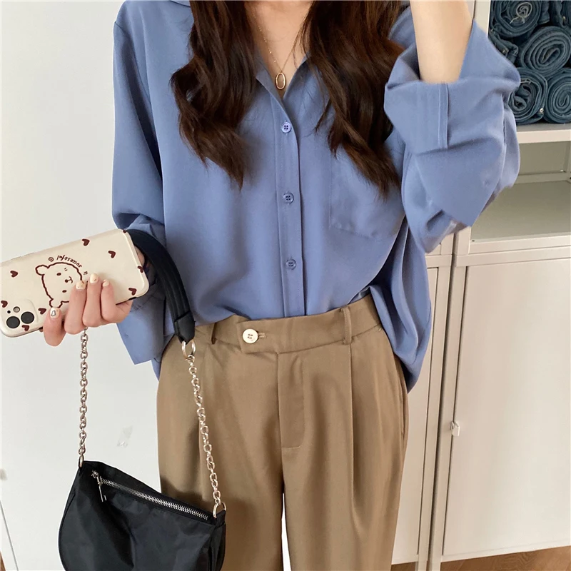 

2020 Grey-Blue Full Sleeves Solid Chic Office Lady Korean Casual Formal Women Loose Minimalist Gentle Streetwear Shirts