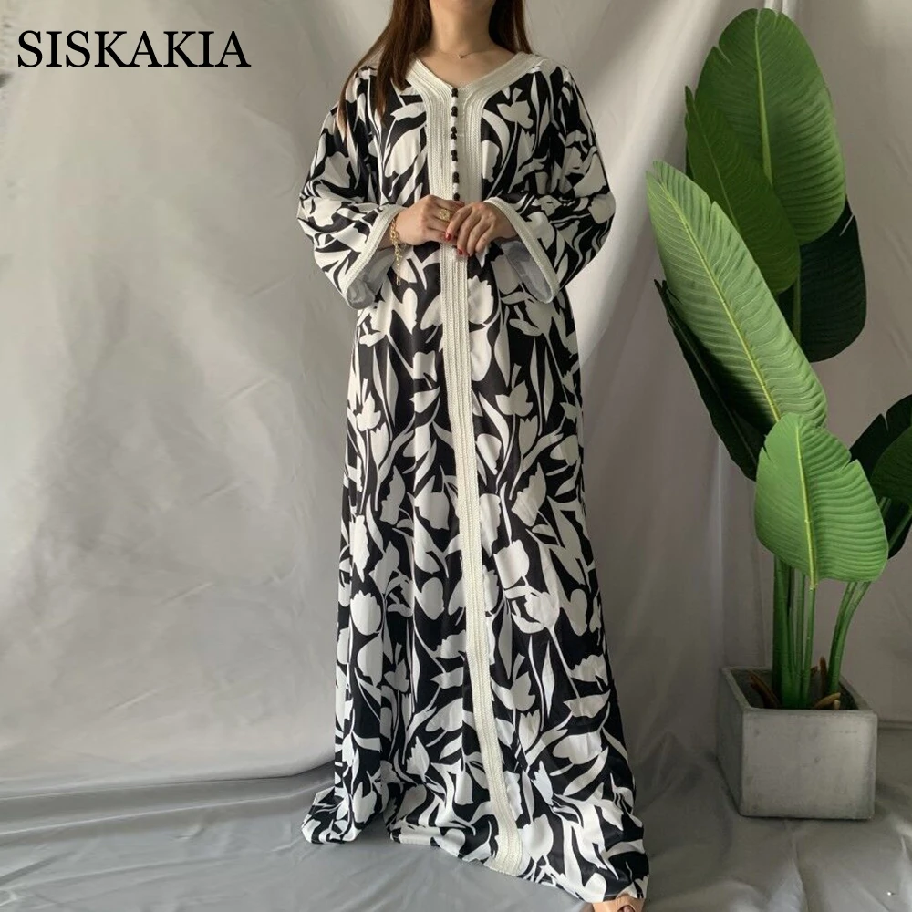 

Siskakia Elegant Ethnic Maxi Dress for Women Ribbon V Neck Long Sleeve Loose Plus Size Moroccan Turkey Arabic Muslim Clothes Eid
