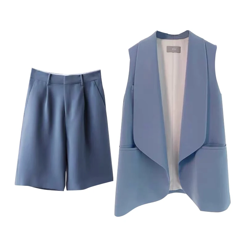 

Chic Summer 2 Piece Set Women Elegant Sleeveless Lapel Cardigan Vest and Solid Suit Knee-length Pants OL Suits Female Outfits