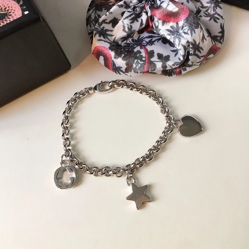 

925Sterling Silver Heart-shaped star G Hand Chain Cuba Retro Trend Hip Hop Men Women Hand Chain Jewelry Personality Gift