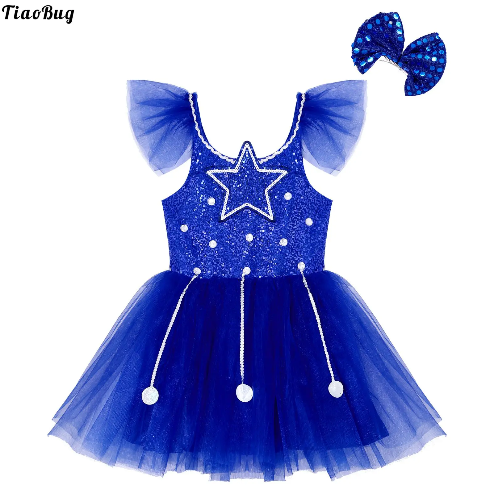 

TiaoBug Kids Girls Dance Stage Performance Costumes Sleeveless Ruffle Straps Sequins Tutu Mesh Dress With Bowknot Headwear