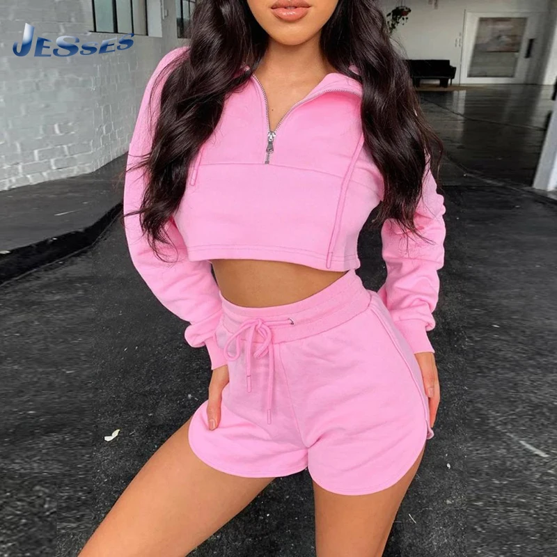 

Spring Sports Two Pieces Sets Pink Turn Down Collar Sexy Zipper Crop Top+Drawstring Short 2021 Solid Color Long-sleeved Suit 2XL