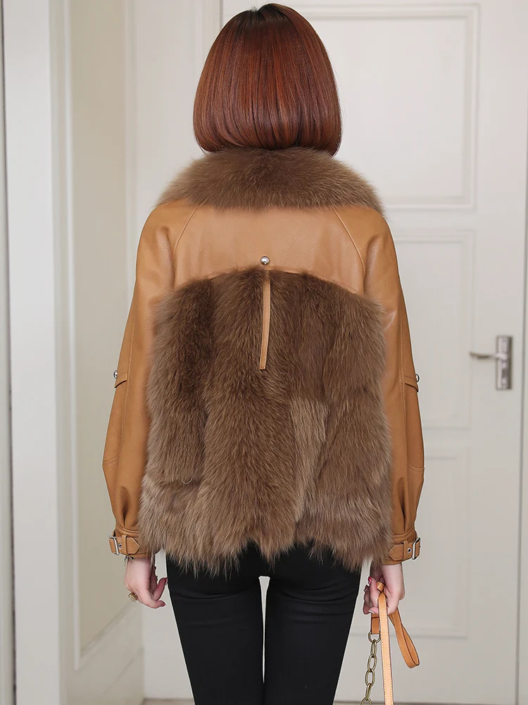 

heining fox fur fur 2020 new fur one piece splicing leather coat women's short