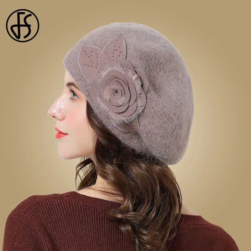 Женская Вязаная Шапка-бини FS двухслойная Теплая из кроличьего меха с крупными