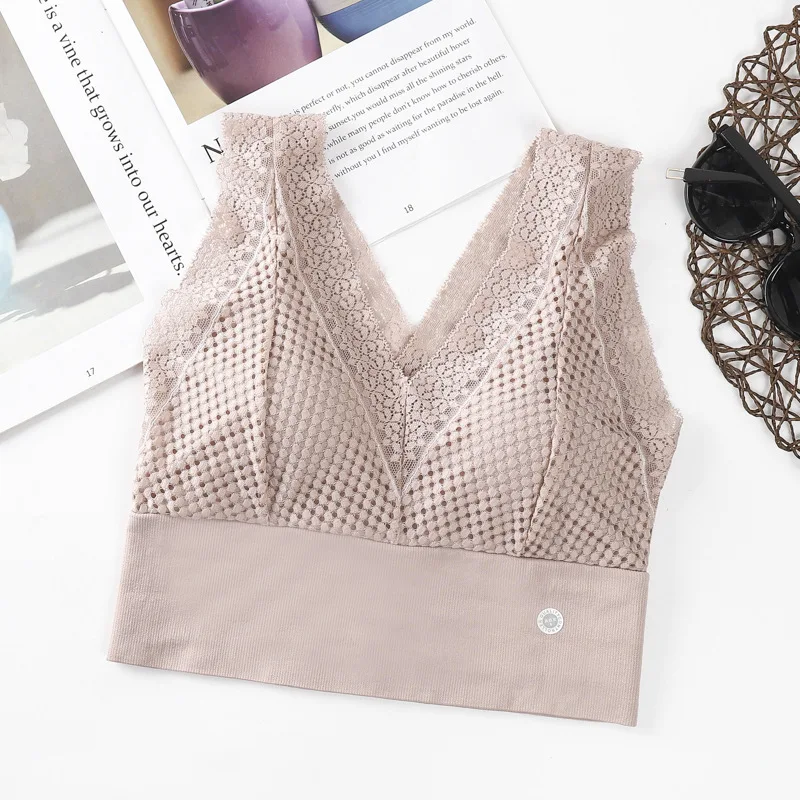 

ECTIC Deep V Sexy Lace Beautiful Back No Steel Ring Underwear Bottom Strapless Tube Top Vest Anti-Glare Women Gathered Underwear