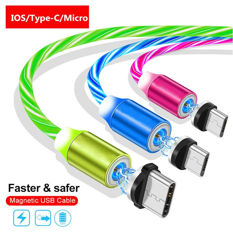 Светодиодный плавный свет Магнитный type C Micro usb зарядный кабель для iPhone 7 8