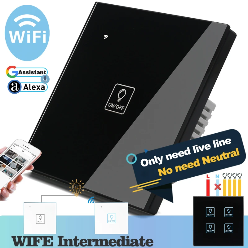 (Не нужен нейтральный) WIFI сенсорный светильник настенный выключатель черный