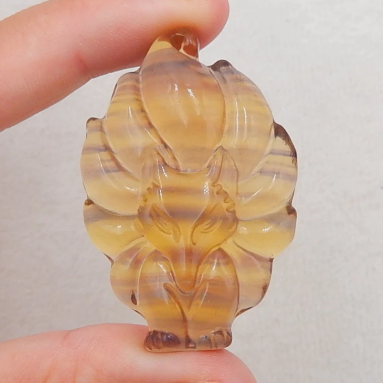 

Handmade Semi-precious stones New Design Carved fox Rainbow Fluorite Gemstone Pendant,for jewelry making 46x30x10mm,21.3g