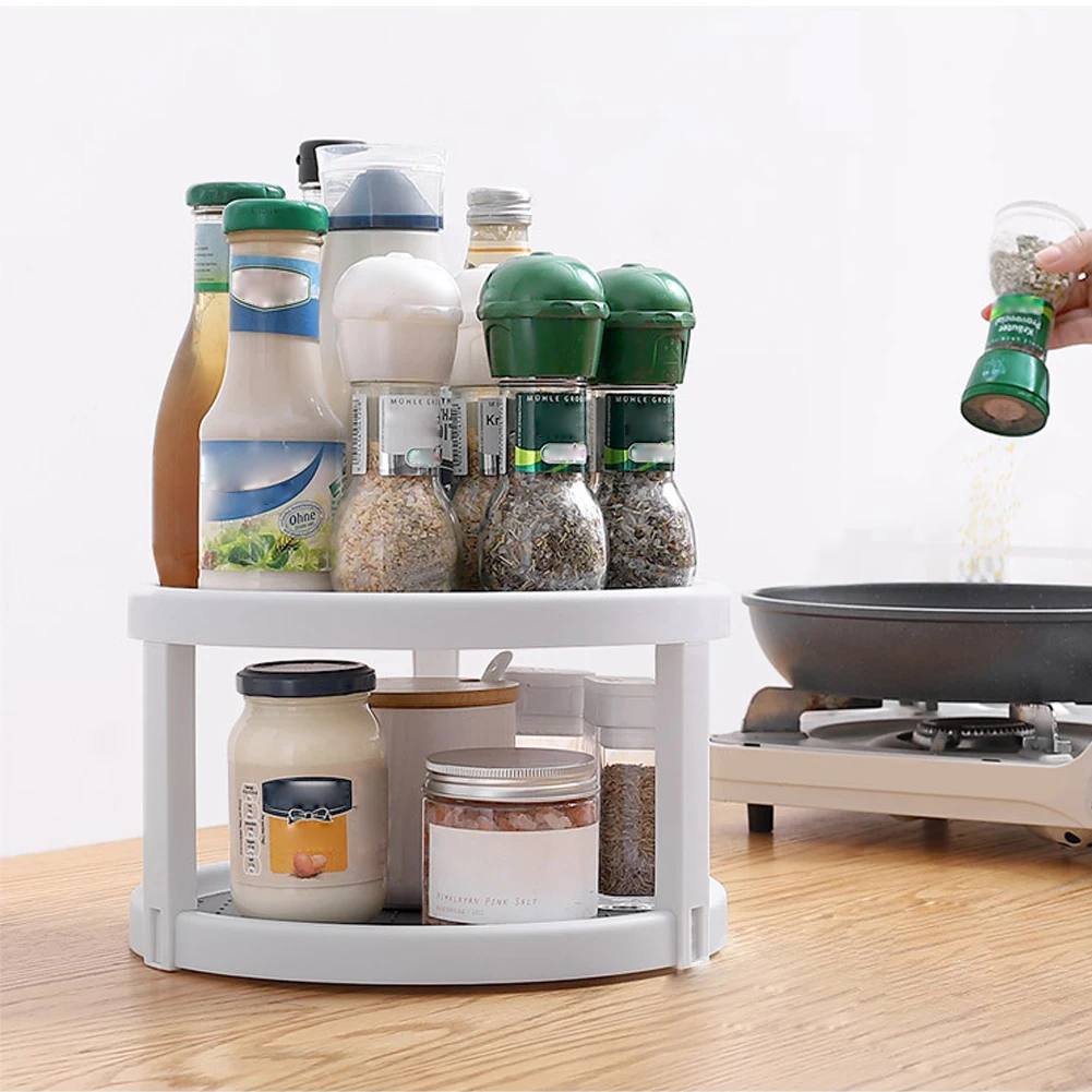 

2-Tier Rotatable Shelf Spice Rack Double Layer Cupboard Kitchen Holder Multifunctional Storage Unit Cosmetic Seasoning Bottles