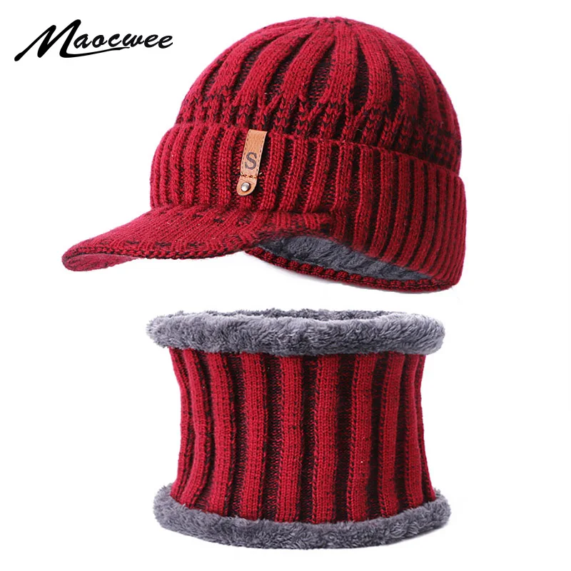 

Men Women Warm Skullies Beanie And Scarf Two-Piece Set Winter Thicken Hat Male Outdoor Knitted Caps Neck Warm Bonnet With Lining