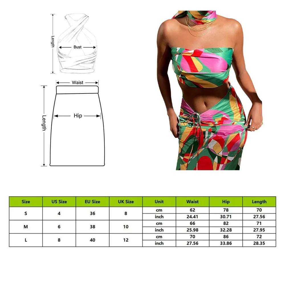 

2021 Sexy Print Tracksuit Woman Two Piece Boho Outfit Suits Halter Bandage Tanks And Ruched Drawstring Midi Skirts Matching Sets