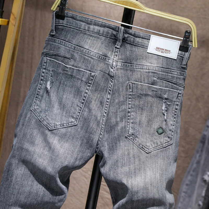 Мужские рваные обтягивающие джинсы серый светильник синий Эластичность Высокая