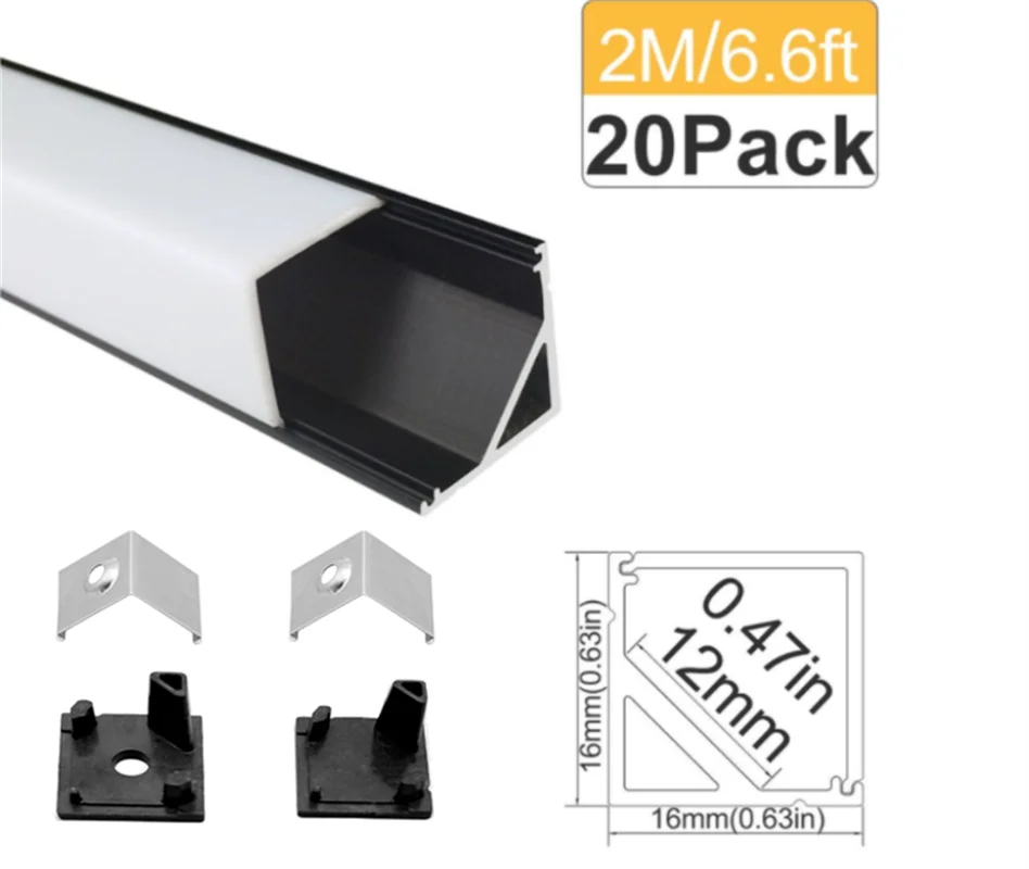 저렴한 20pcs 6.6ft/2m V01 LED 알루미늄 채널 3528 5050 LED 스트립 빛에 대 한 유백색 또는 지우기 커버와 블랙 알루미늄 압출 프로필