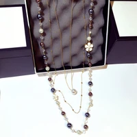 fashion three layer long pearl flower temperament sweater chain long camellia woman jewelry