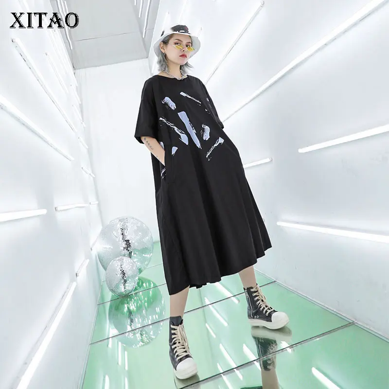 Женское платье с коротким рукавом XITAO Повседневное до середины икры принтом и о