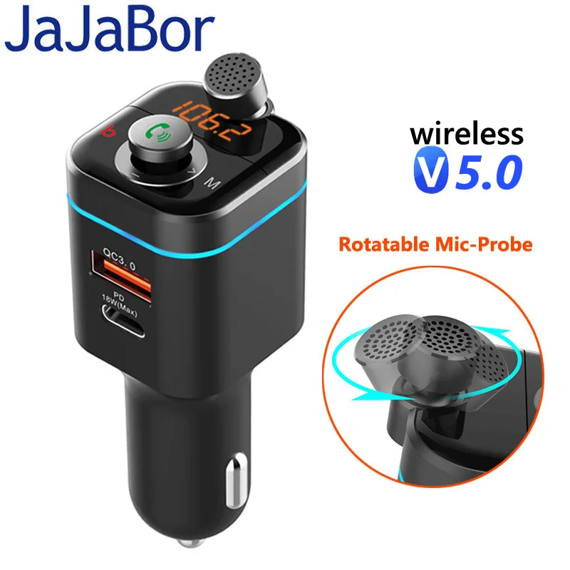 

JaJaBor FM Transmitter FM Modulator Bluetooth 5.0 Car Kit Handsfree Wireless Car MP3 Player QC3.0+Type-C PD 18W USB Car Charger