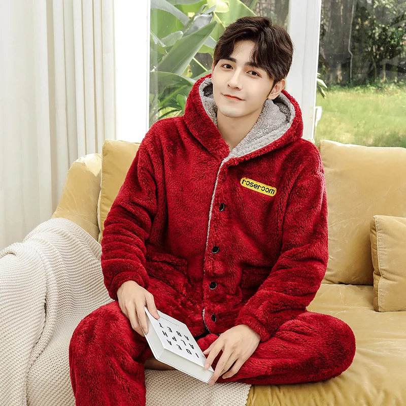 

Winter Warm Soft Coral fleece Pajamas Men Women Long-sleeved Sleepwear Pijama Couple Homme Nightwear Cardigan Pyjamas