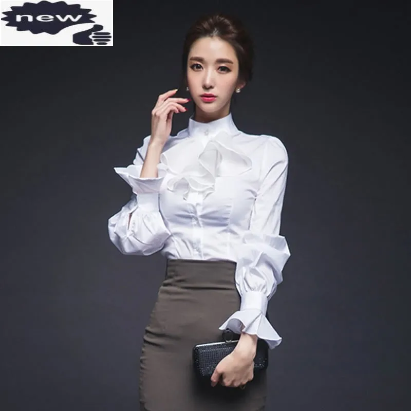 OL Style White Long Shirt Women Spring Elegant Lantern Sleeve Office Tops Shirts Streetwear Vintage Slim Ruffles Blouse