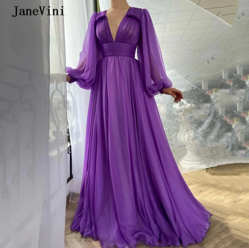 JaneVini Elegant Purple Chiffon Dubai Evening Dresses with Puffy Long Sleeve Dress 2020 V Neck A Line Simple Women Party Gowns | Свадьбы и