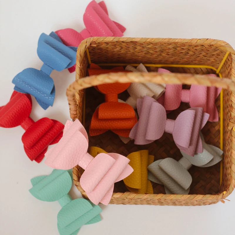 

2PCS Cute Candy Color Trendy Leather Bow Hairpins Side Hair Clips Handmade Elegant Hair Accessories Girls Kids Women Headwear