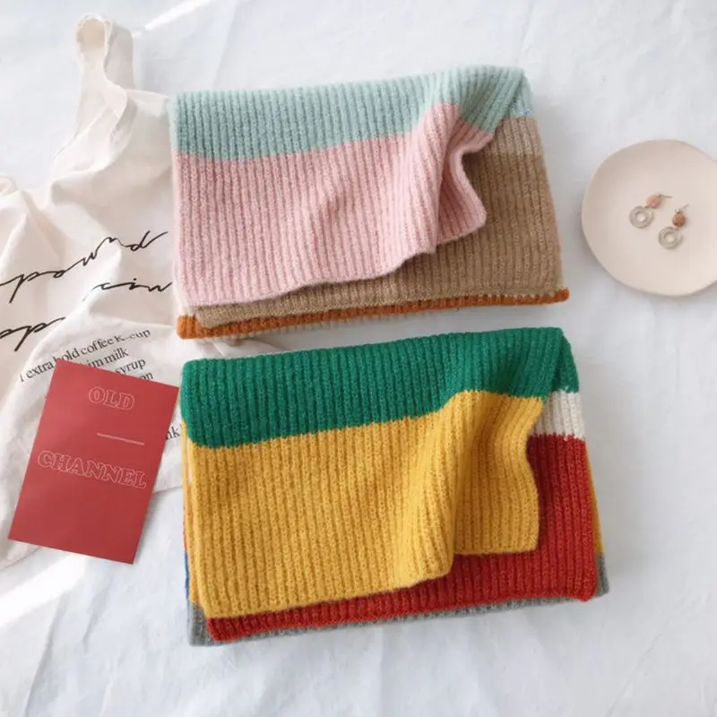 Женский вязаный шарф радужной расцветки в полоску Сезон осень зима Теплая шаль