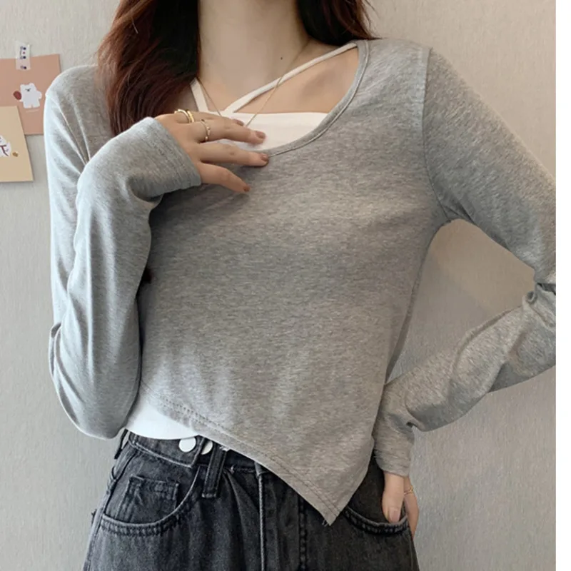 

Двойная белая футболка с длинным рукавом и низом для женщин весна-осень 2021 НОВАЯ тонкая облегающая Верхняя одежда Топы