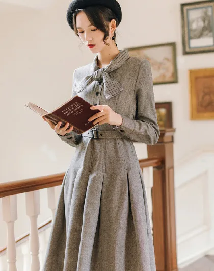 Женское винтажное платье COIGARSAM серое во французском стиле V5063|Женские платья| |