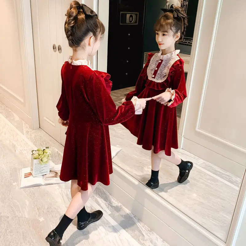 

Winter Korea Velvet Warm Dresses Lace Flower Girl Dresses Online Layers Baby Girl Princess Dress Birthday Present Dress