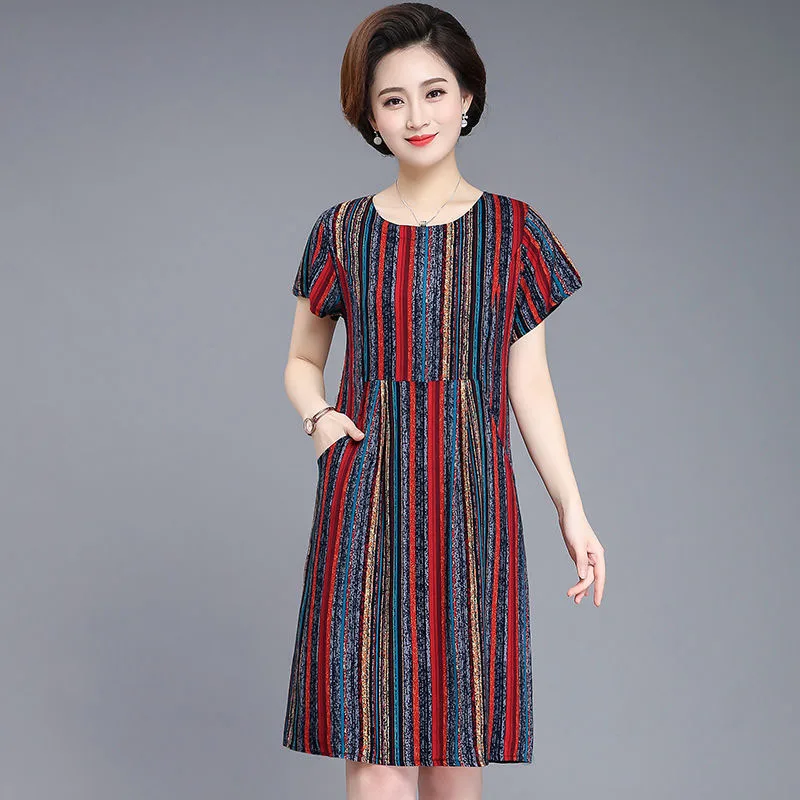 

New Summer Fashion O-collar Short Sleeve Pocket Women's Medium-length Skirt with Simple Leisure and Loose Stripe Skirt SS623