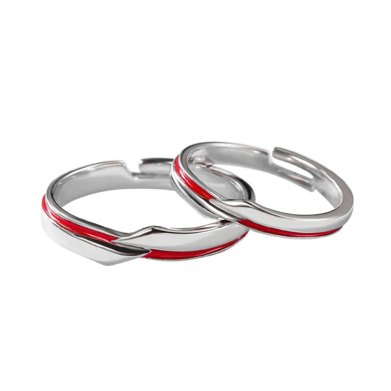 

925 Sterling Silver Couple Jewelry Romantic Red Line Open Rings For Women Men Original Handmade Valentine's Day Birthday Gift