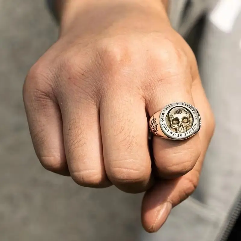 

Men's Fashion Hip-Hop Rock Gold-plated Silver Color Two-Tone Skull Ring Wear Jewelry Punk Bike Style