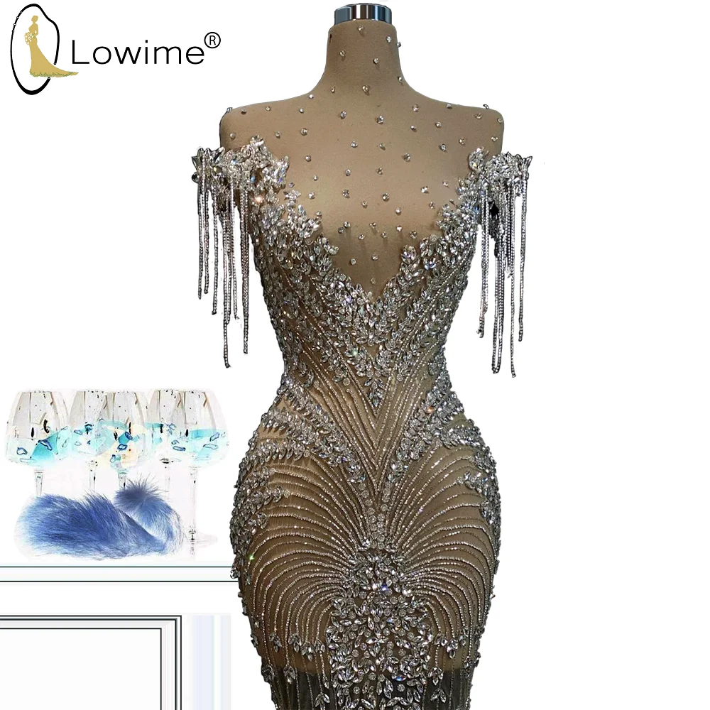 Роскошные вечерние платья "Full Crystal Illusion" с прозрачным верхом, высоким воротником, длиной до колена и силуэтом русалки, изготовленные на заказ в стиле кутюр.