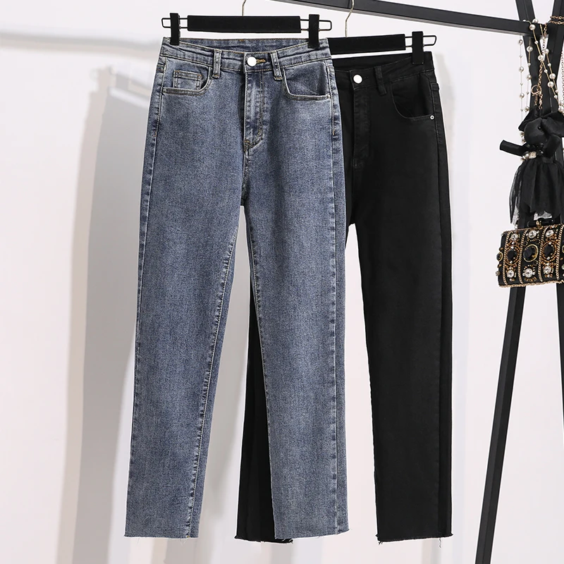 Black Jeans Women's Plus Size Spring and Autumn Elastic High-waist Trousers All-match Fashionable Loose Straight-leg Pants