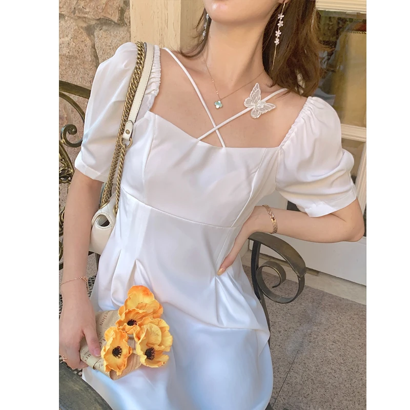 

Elegant White Fairy Dress Puff Sleeve Designer Women Retro Long Dress 2021 Summer Korean One-piece Ladies Wedding Party Clothing