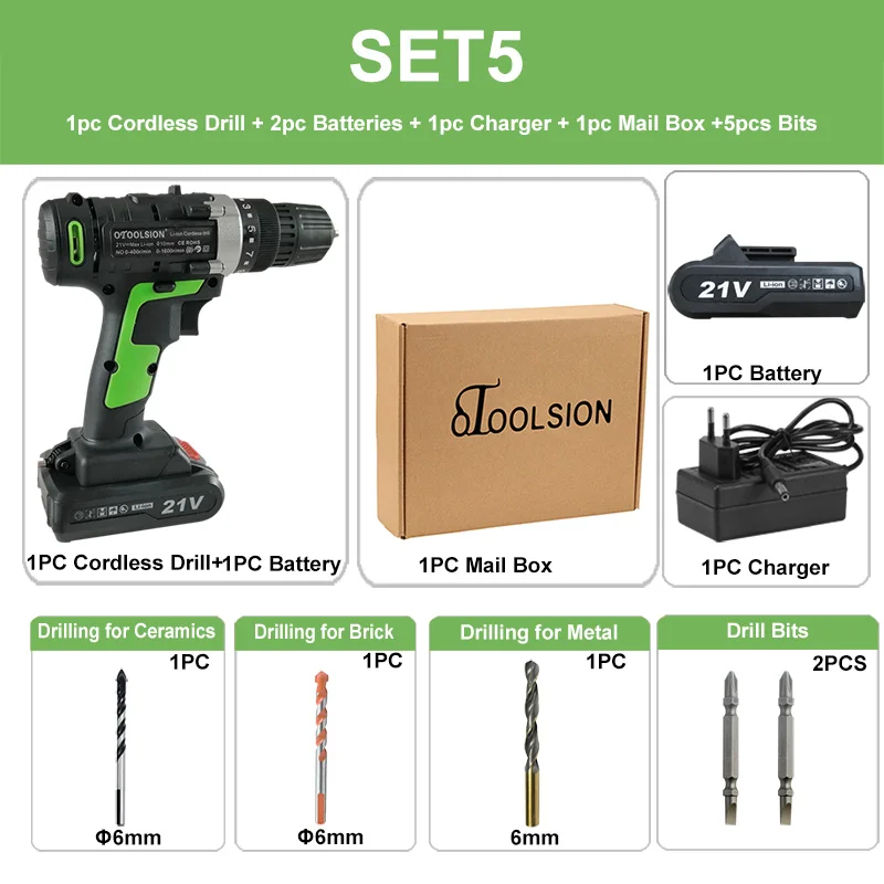 SET5 (2 pc battery) 21 в 12 В перезаряжаемая отвертка, Аккумуляторная дрель, электрические инструменты, шуруповерт, зарядная электрическая отвертка, набор+ запчасти для дрели - Цвет: SET5 (2 pc battery)