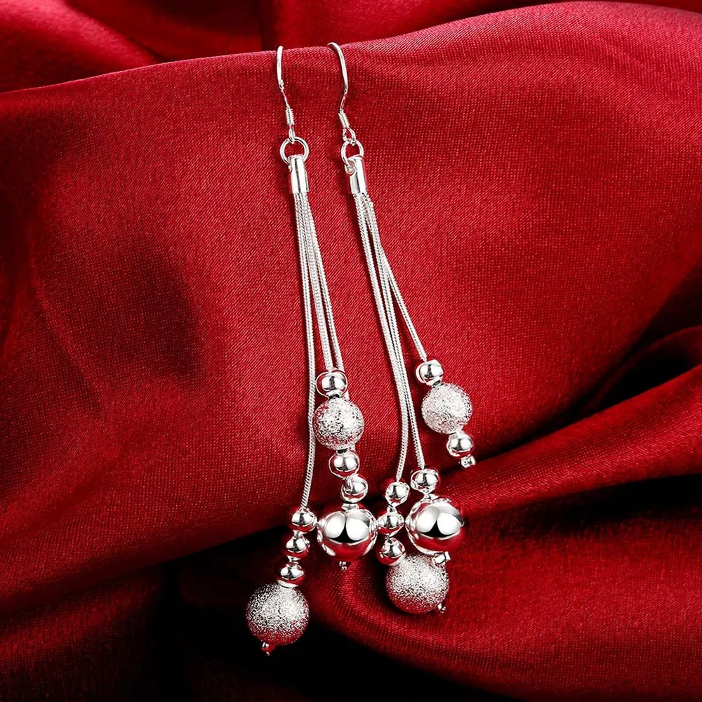 925 Sterling Silver Korean Three Line Beads Ball Vintage Long Tassel Dangle Earrings - Women's Engagement Wedding Jewelry image 5