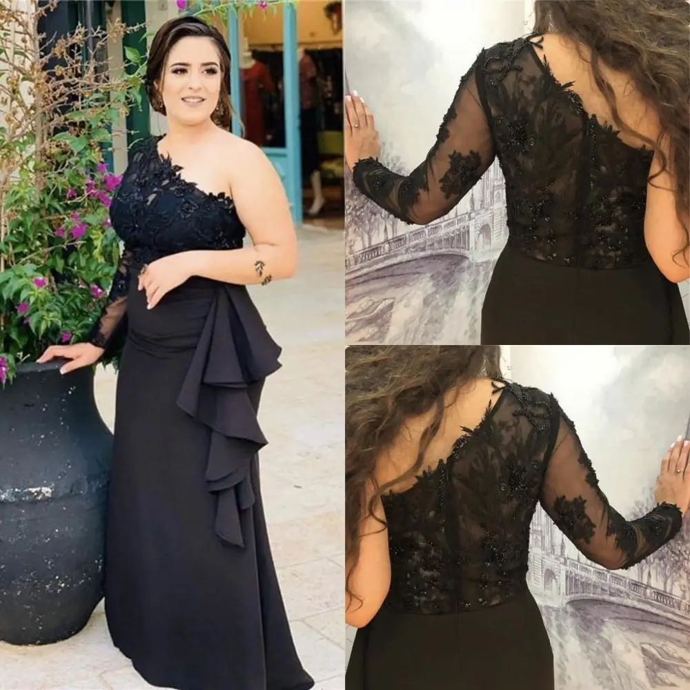 

Black One Shoulder Mermaid Evening Dresses Long Sleeve Ruffles Appliques Illusion Bodice Long Formal Prom Party Gowns Customized