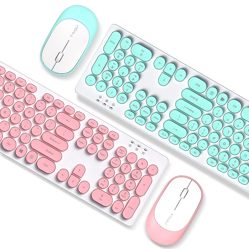 

2.4G Wireless Keyboard Set Punk Round 104 Keycap Keyboard and Mouse for Mac Laptop Notebook PC Girls Gift Use 3A Battery