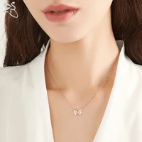 zs cute double butterfly pendant stainless steel necklace for women girl gold silver color clavicle chain statement jewelry gift