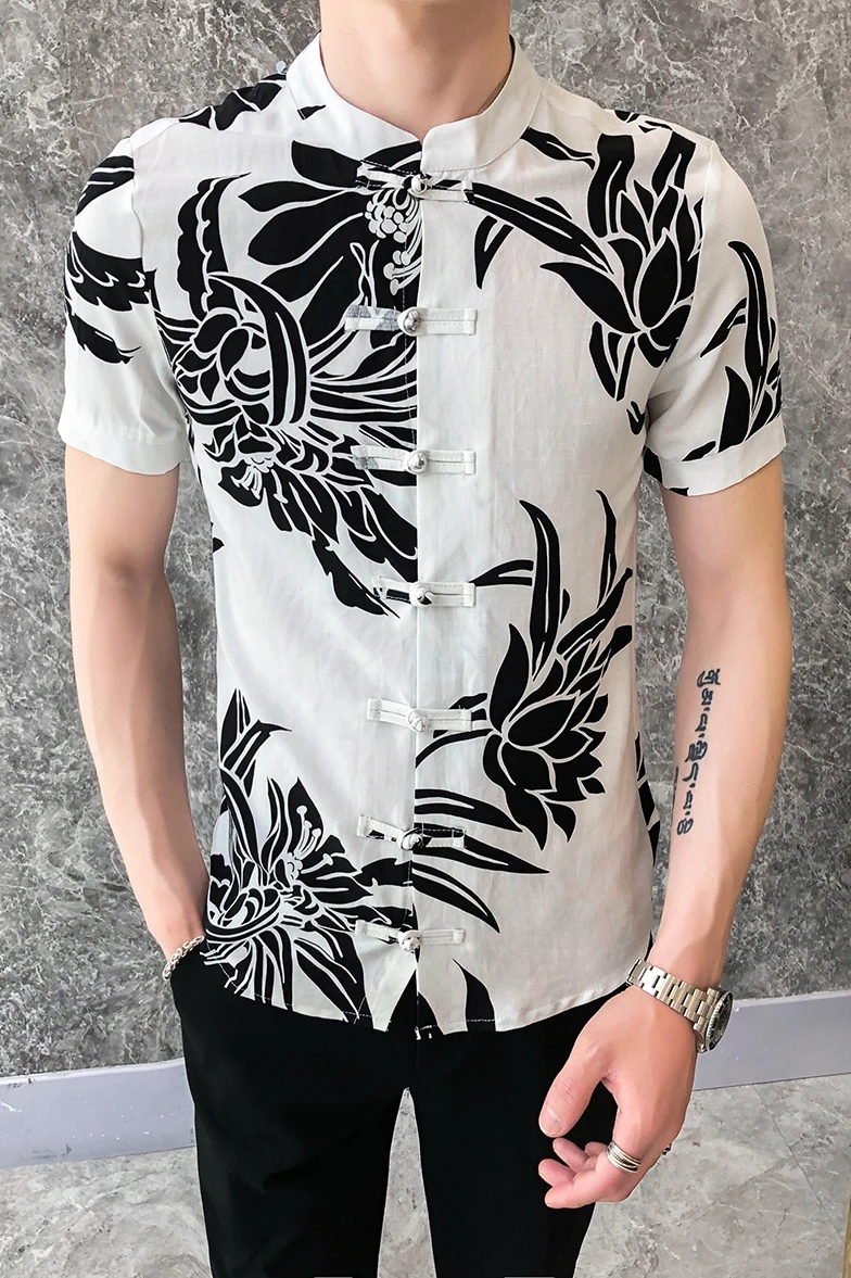 

Spring and Summer Shirts Men Chinese Style Buckle Printed Short-sleeved Shirt Slim Shirts Casual Streetwear Social Blouse Camisa