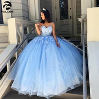 Sky Blue Puffy Lace Appliques Quinceanera Prom Dresses Sweetheart Beaded Flowers Tulle Prom Party Sweet 16 Dress